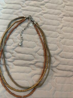 Premier Designs Olive Green Cord and Copper Beaded Multi-Strand Necklace